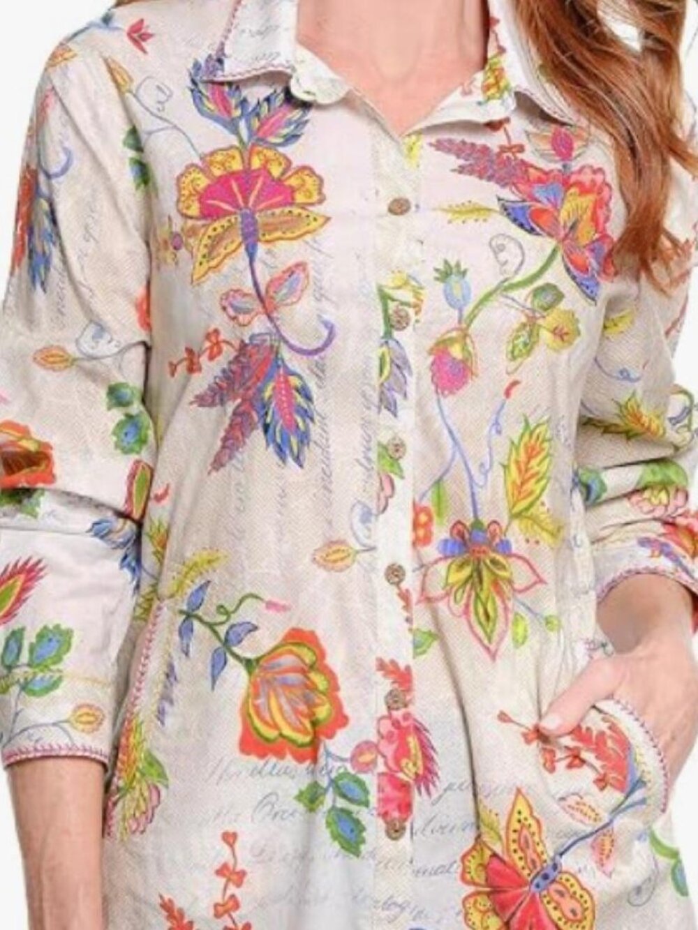NWT JOHN MARK Floral Mixed Media Button Down Tunic Shirt Pockets Size PM